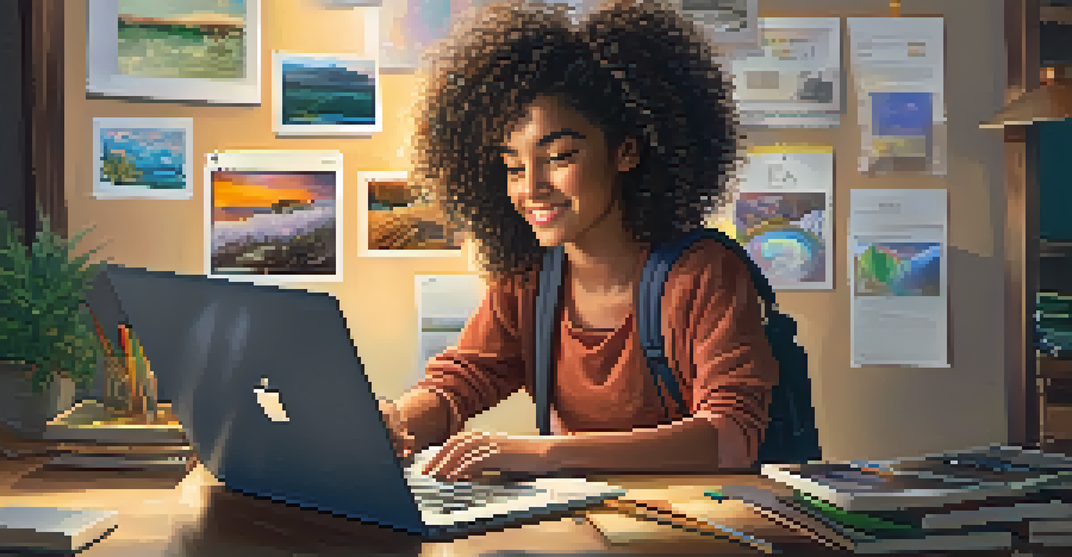 A close-up of a girl creating a digital portfolio on a laptop, showcasing projects and reflections, in a cozy study space.