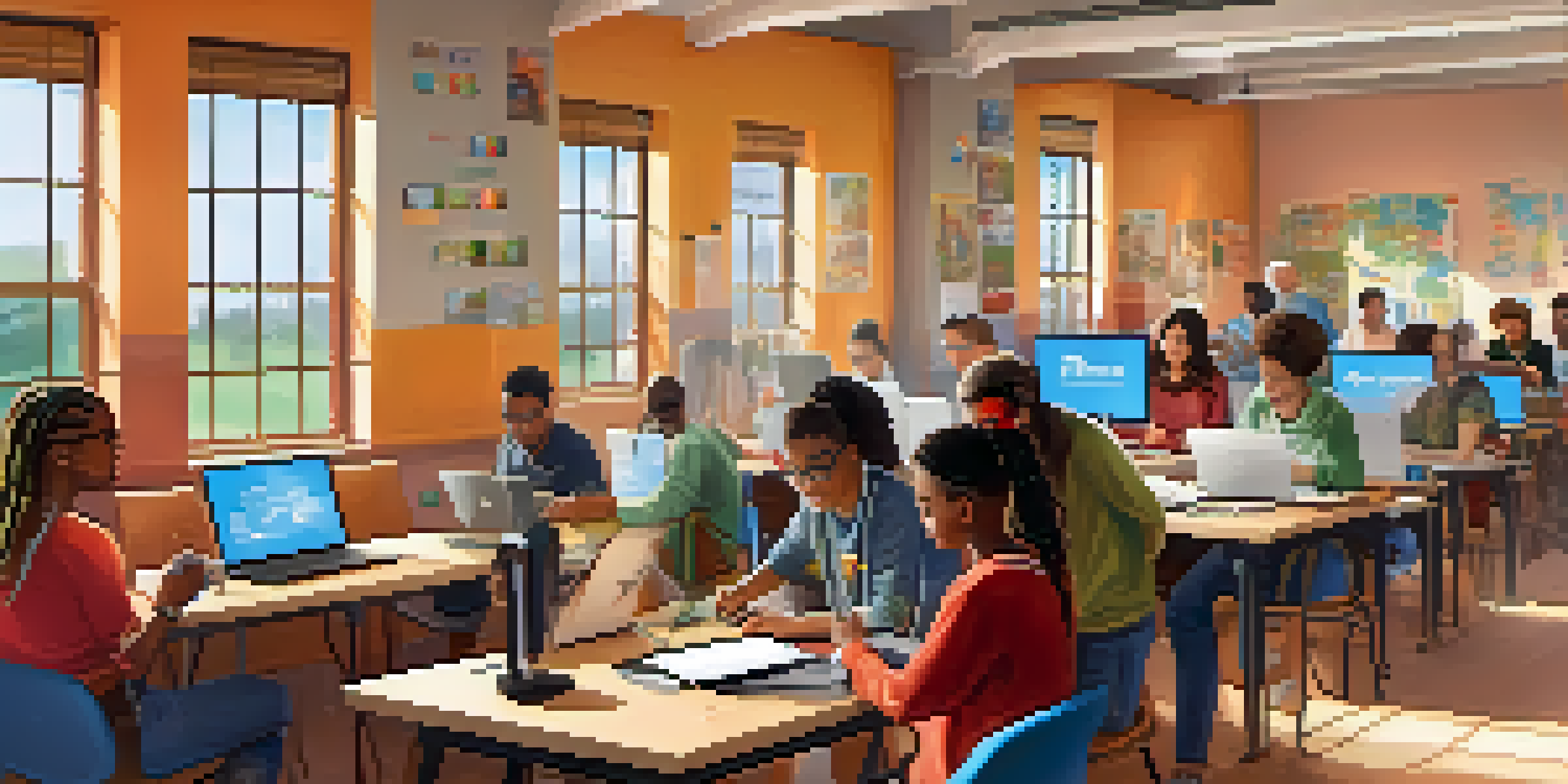 A diverse group of individuals in a community hub learning digital skills together, surrounded by computers and resources.