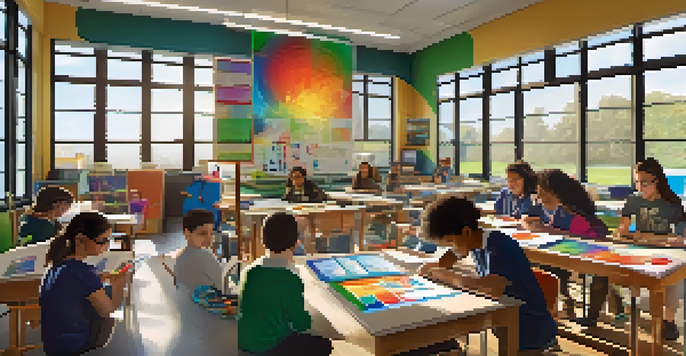 A lively classroom where students collaborate on a STEAM project, featuring art supplies, technology, and sunlight streaming through windows.