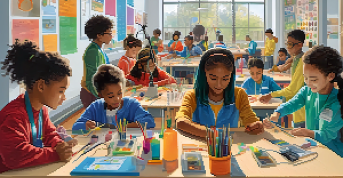 A diverse group of students working together in a bright classroom on a STEM project, surrounded by science experiments and technology.