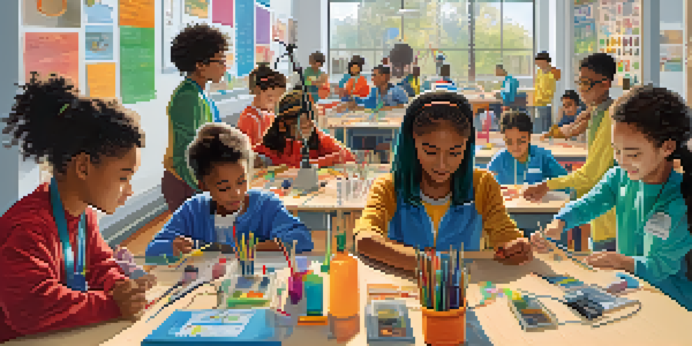 A diverse group of students working together in a bright classroom on a STEM project, surrounded by science experiments and technology.