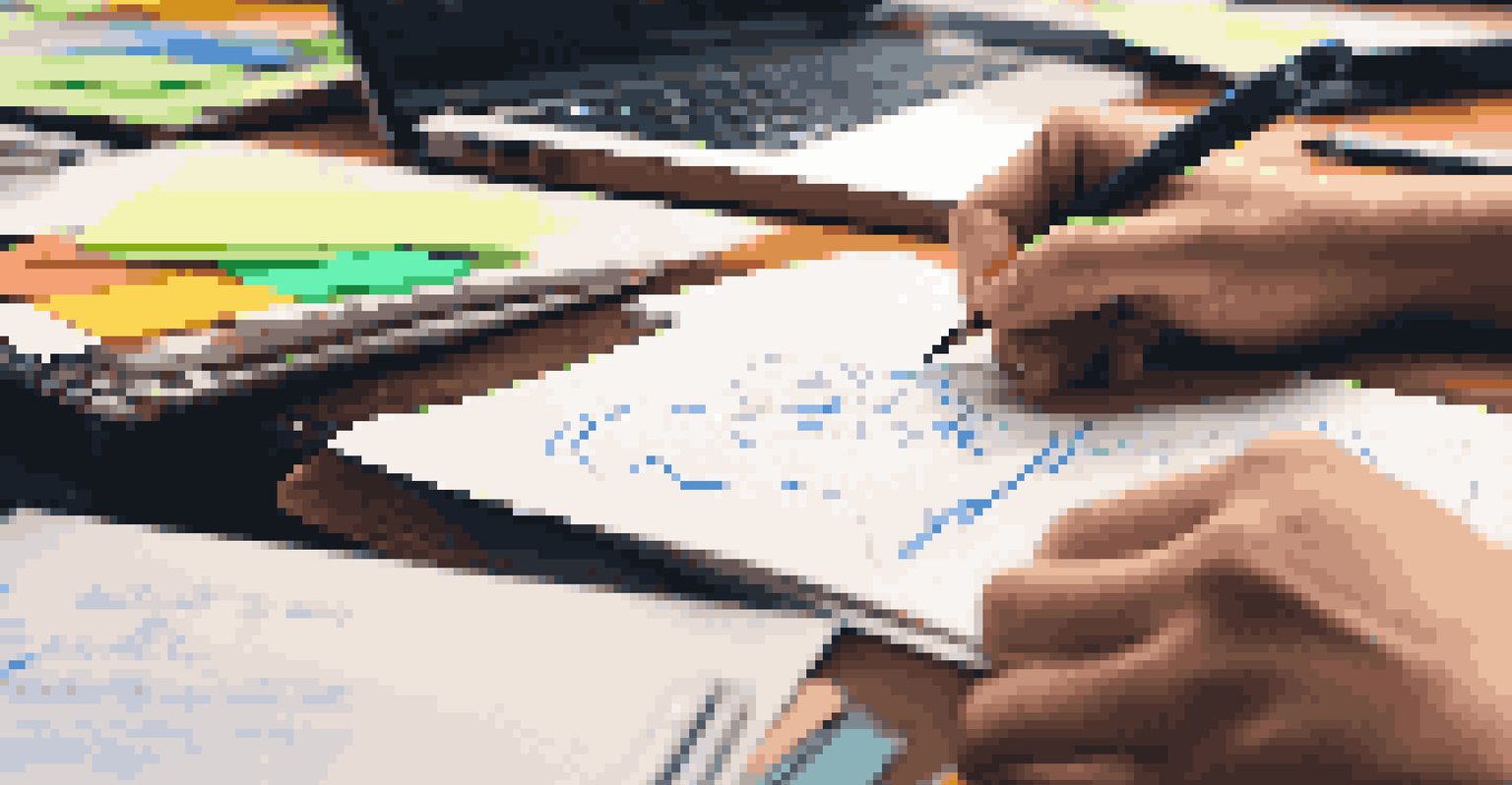 A student's hands taking notes during a feedback session, surrounded by study materials and a laptop.