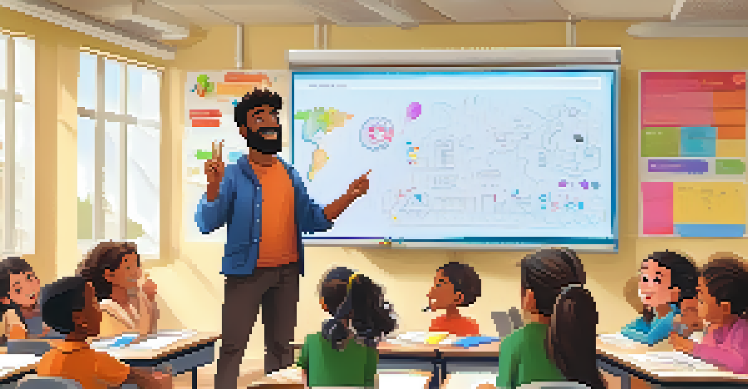 An educator teaching a diverse group of engaged students using a digital whiteboard in a colorful classroom.