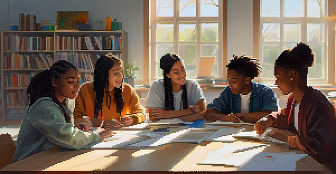 A group of diverse students working together in a well-lit classroom, discussing their project with books and laptops on the table.