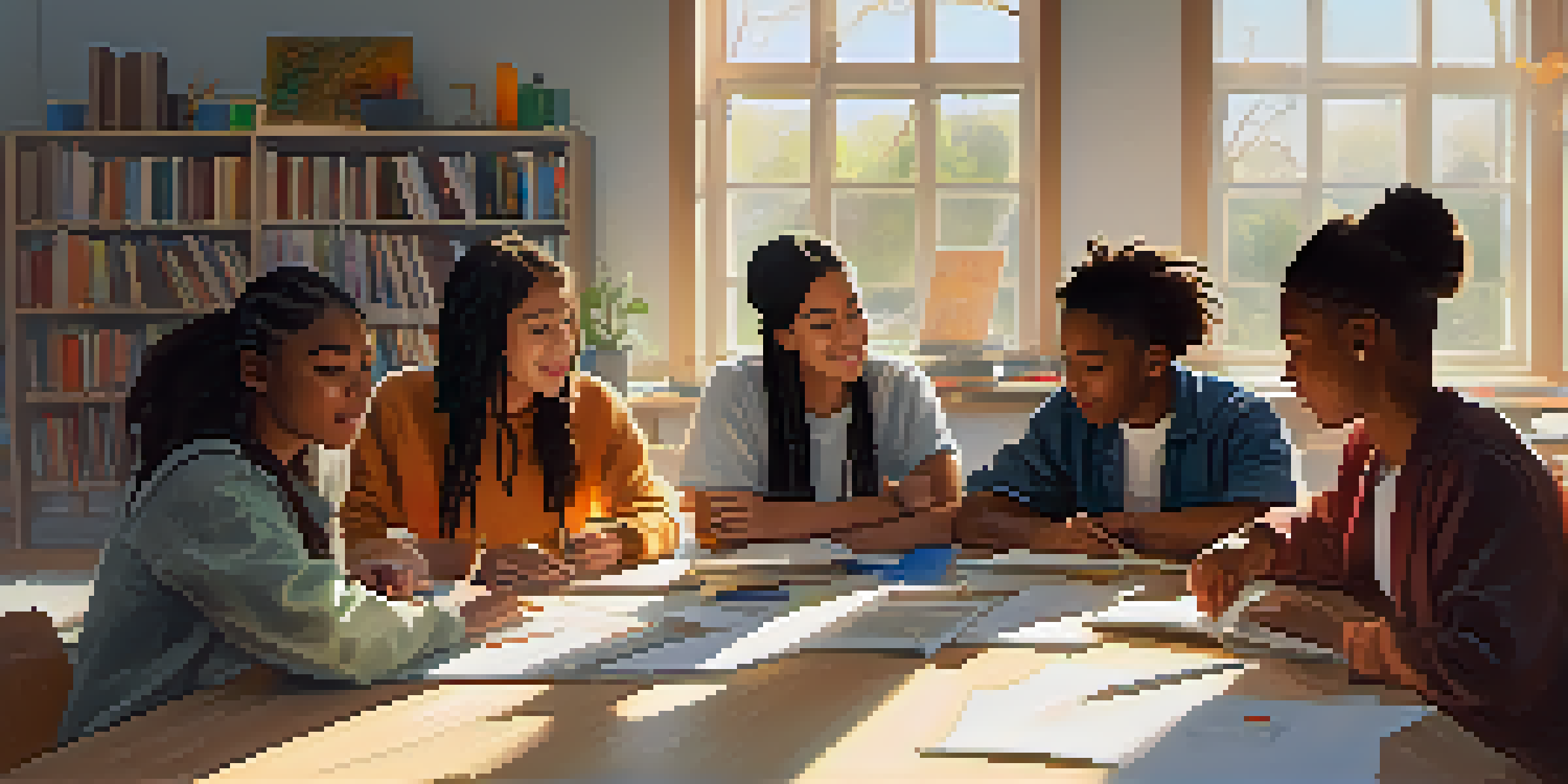 A group of diverse students working together in a well-lit classroom, discussing their project with books and laptops on the table.