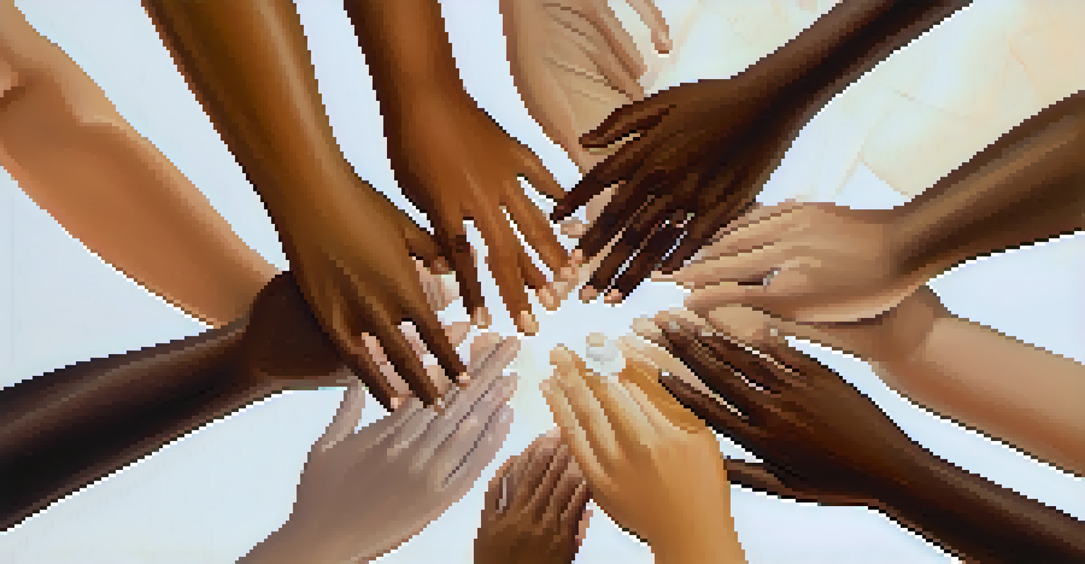 Close-up of hands of different skin tones symbolizing unity and collaboration in mentoring against a soft, blurred background.