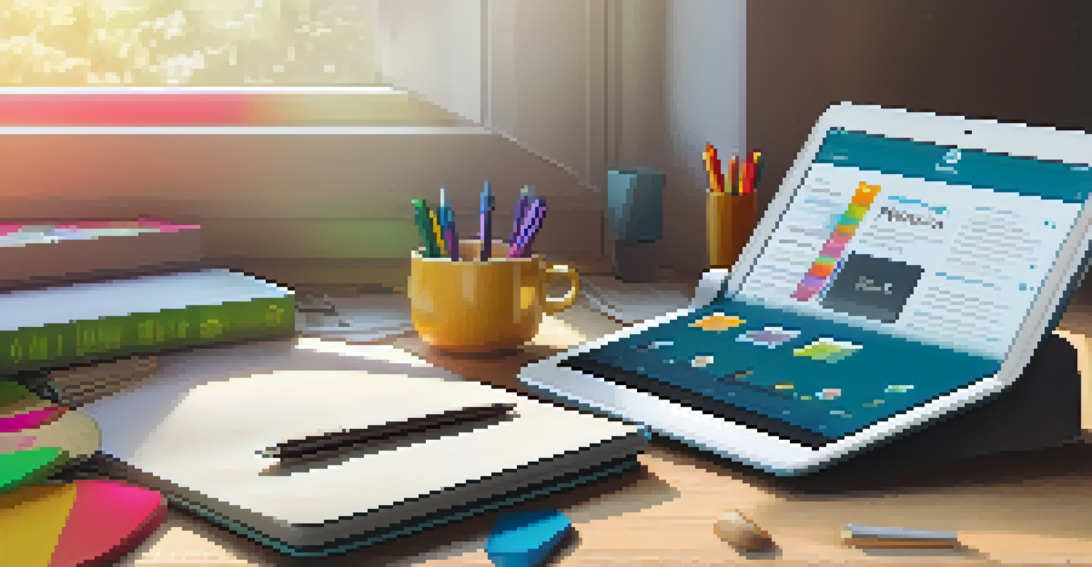 A digital tablet showing an interactive learning app surrounded by stationery items on a wooden desk.