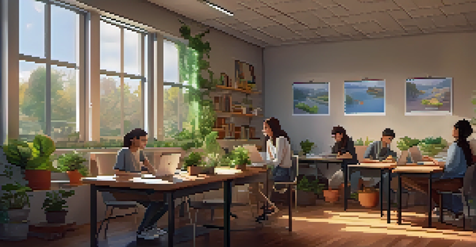 A diverse group of students in a cozy room, engaged in online classes with laptops and bright natural light.