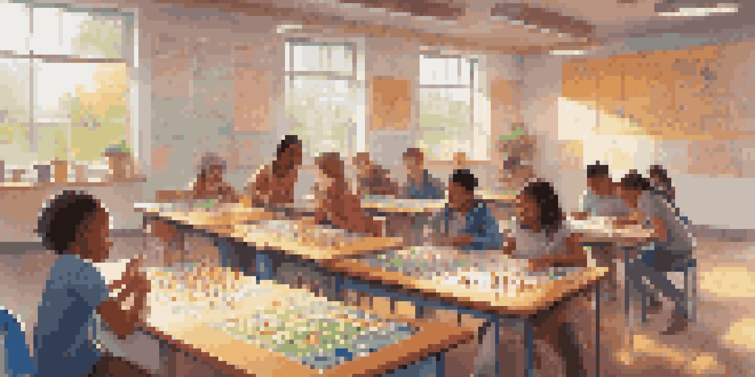 A lively classroom with students engaged in playing an educational board game, surrounded by colorful educational posters and sunlight coming through the windows.