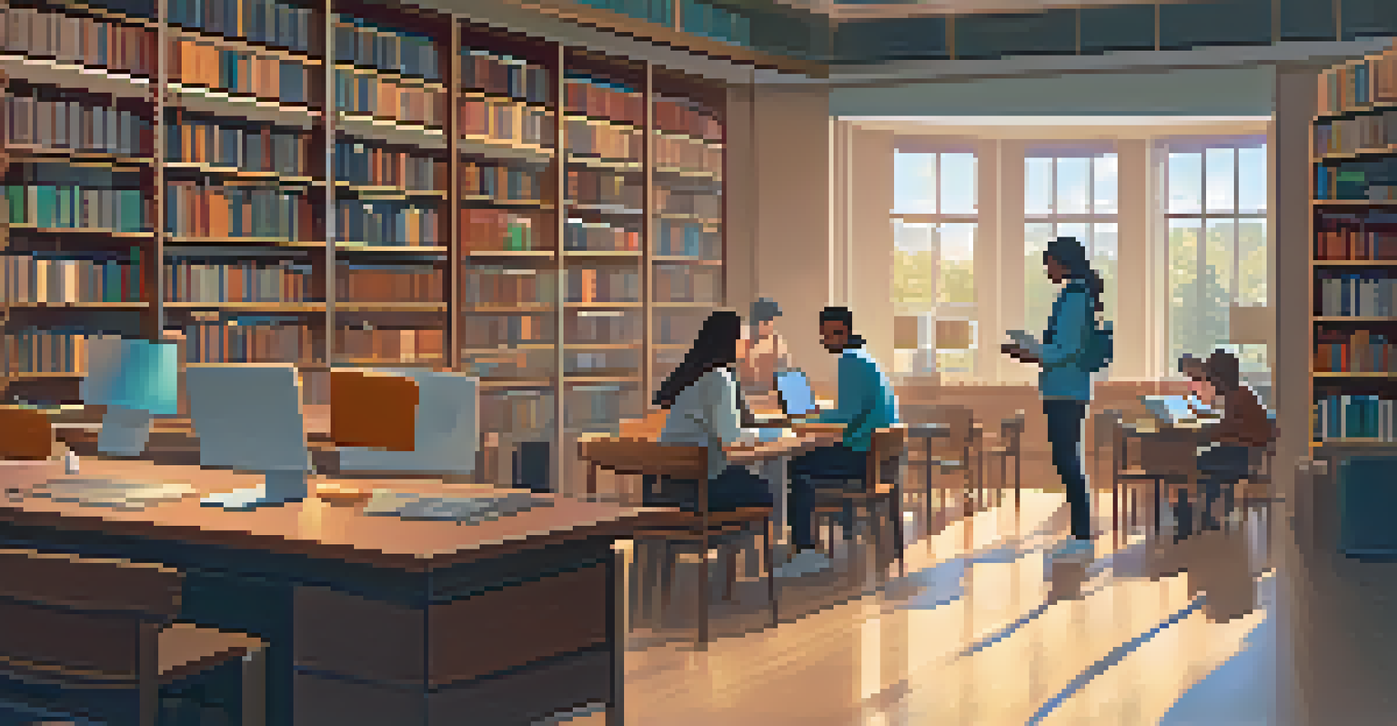 A student in a cozy library using a computer with an AI chatbot, surrounded by bookshelves and other students reading, creating a calm study environment.