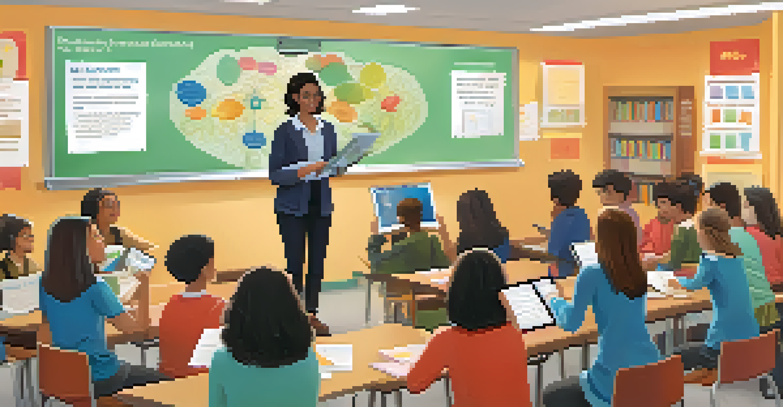 An educator conducting a survey in a decorated classroom with students of various backgrounds actively participating.