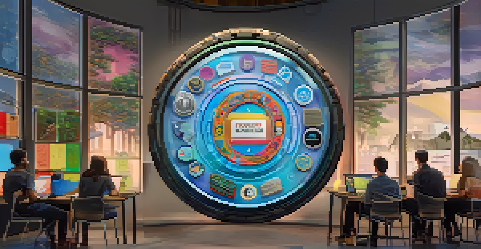 A digital screen displaying a colorful Open Badge with intricate designs, set against a blurred background of a workshop.