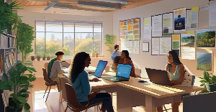 A bright and inviting online learning space where diverse students participate in peer review, exchanging ideas and feedback.