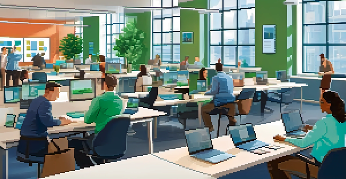A diverse group of professionals in a modern office participating in an online certification course, with laptops and plants around.