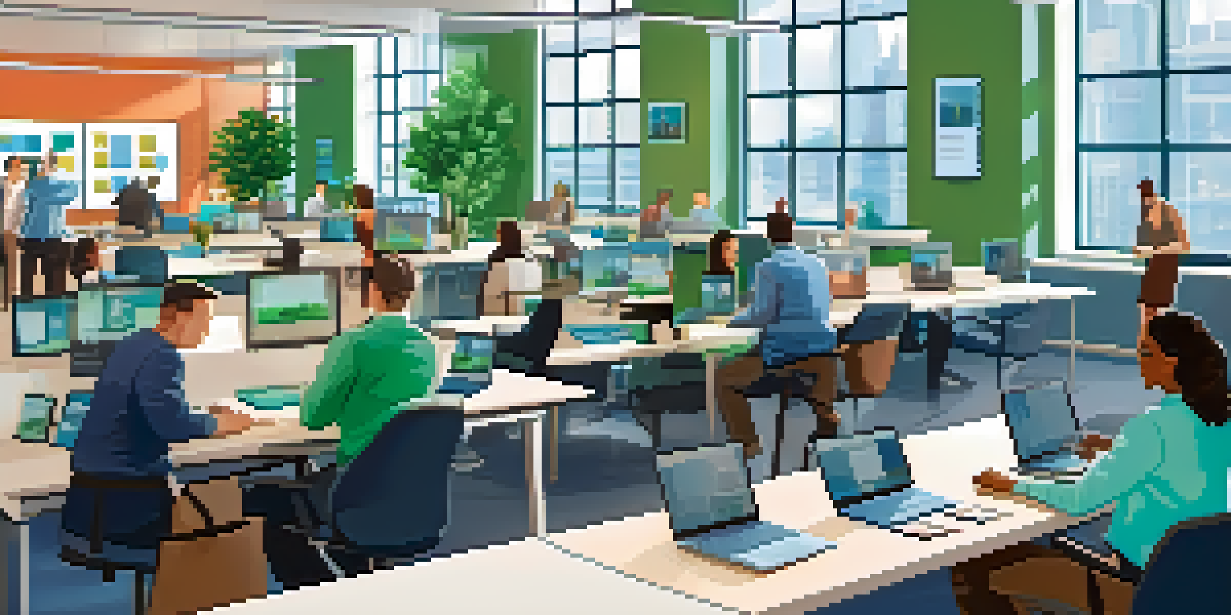 A diverse group of professionals in a modern office participating in an online certification course, with laptops and plants around.