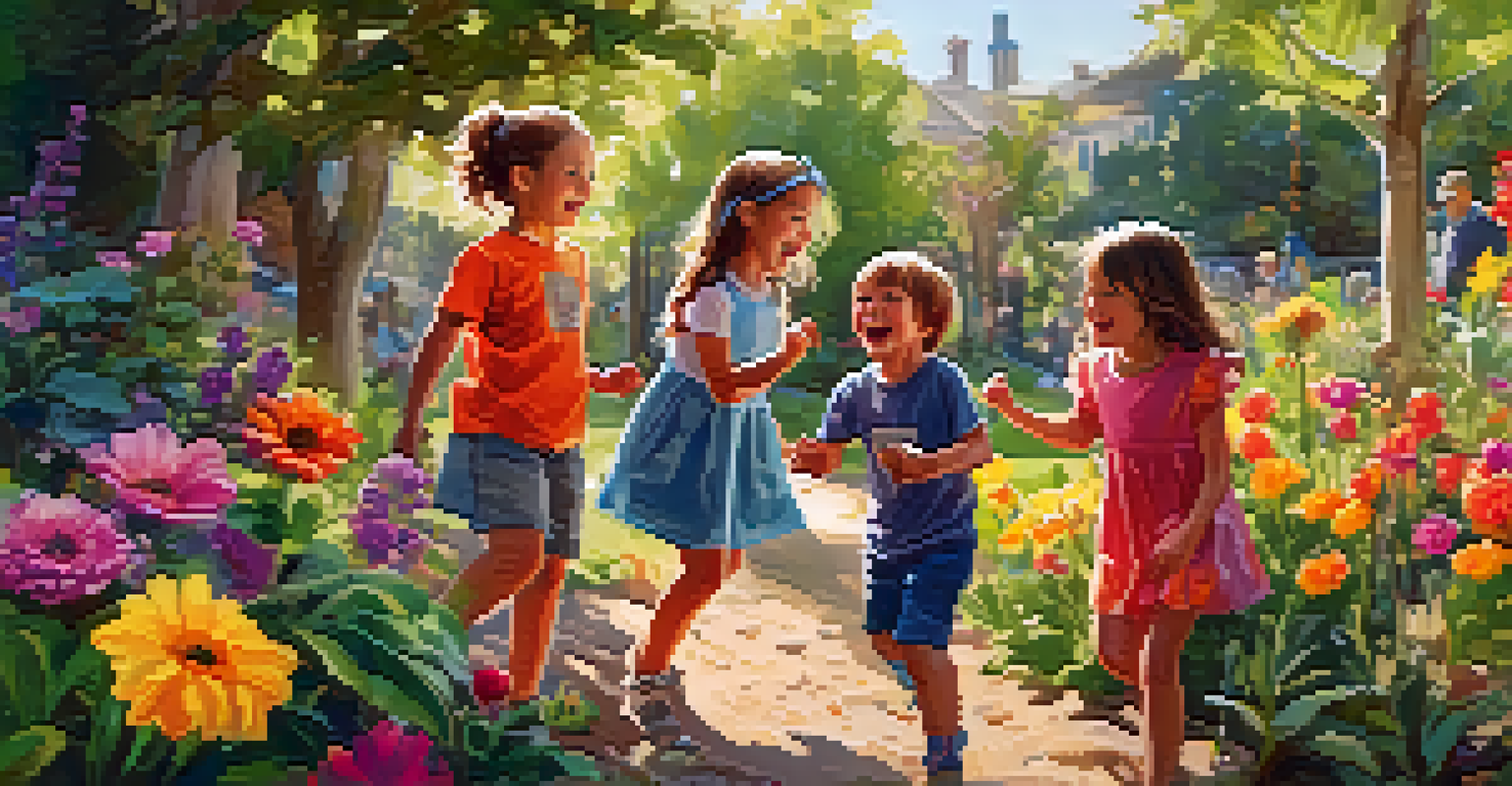 Children joyfully participating in a nature scavenger hunt in a colorful garden, surrounded by flowers and greenery.