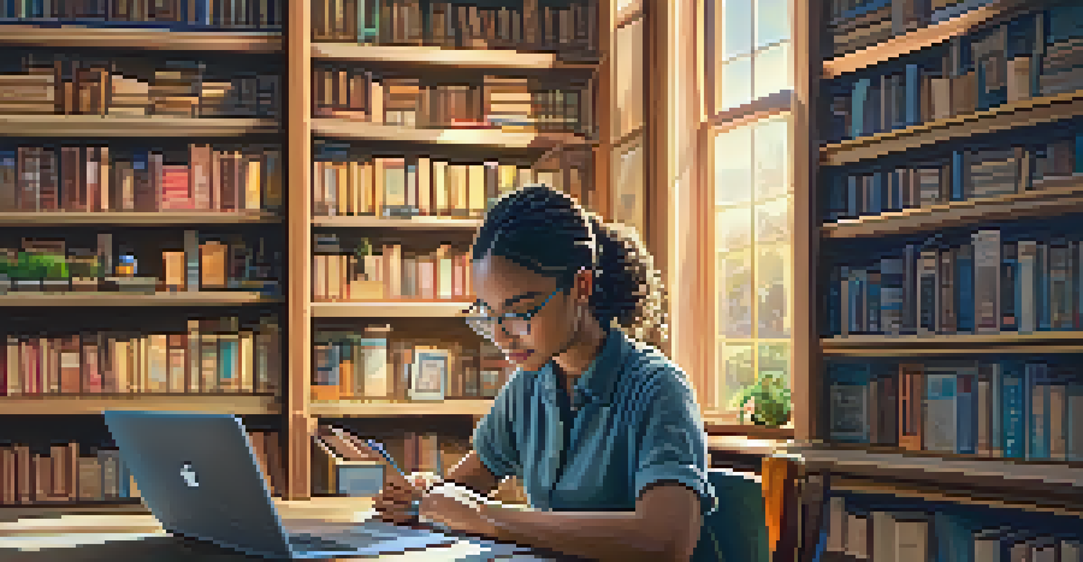 A young woman studying online in a cozy room filled with books and certificates, emphasizing lifelong learning.