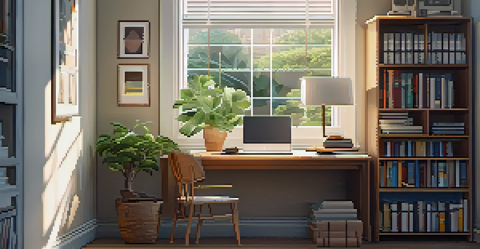 A cozy study corner with a wooden desk, books, a laptop, and a potted plant illuminated by natural light from a window.