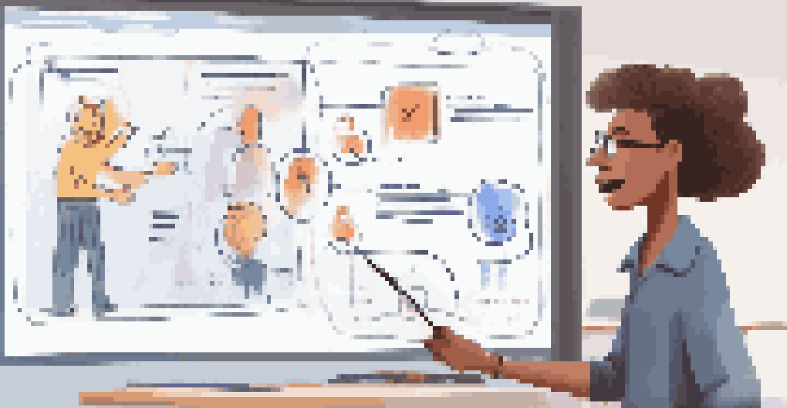An instructor teaching online with visuals on a digital whiteboard, engaging students who are interacting through chat and video feeds.