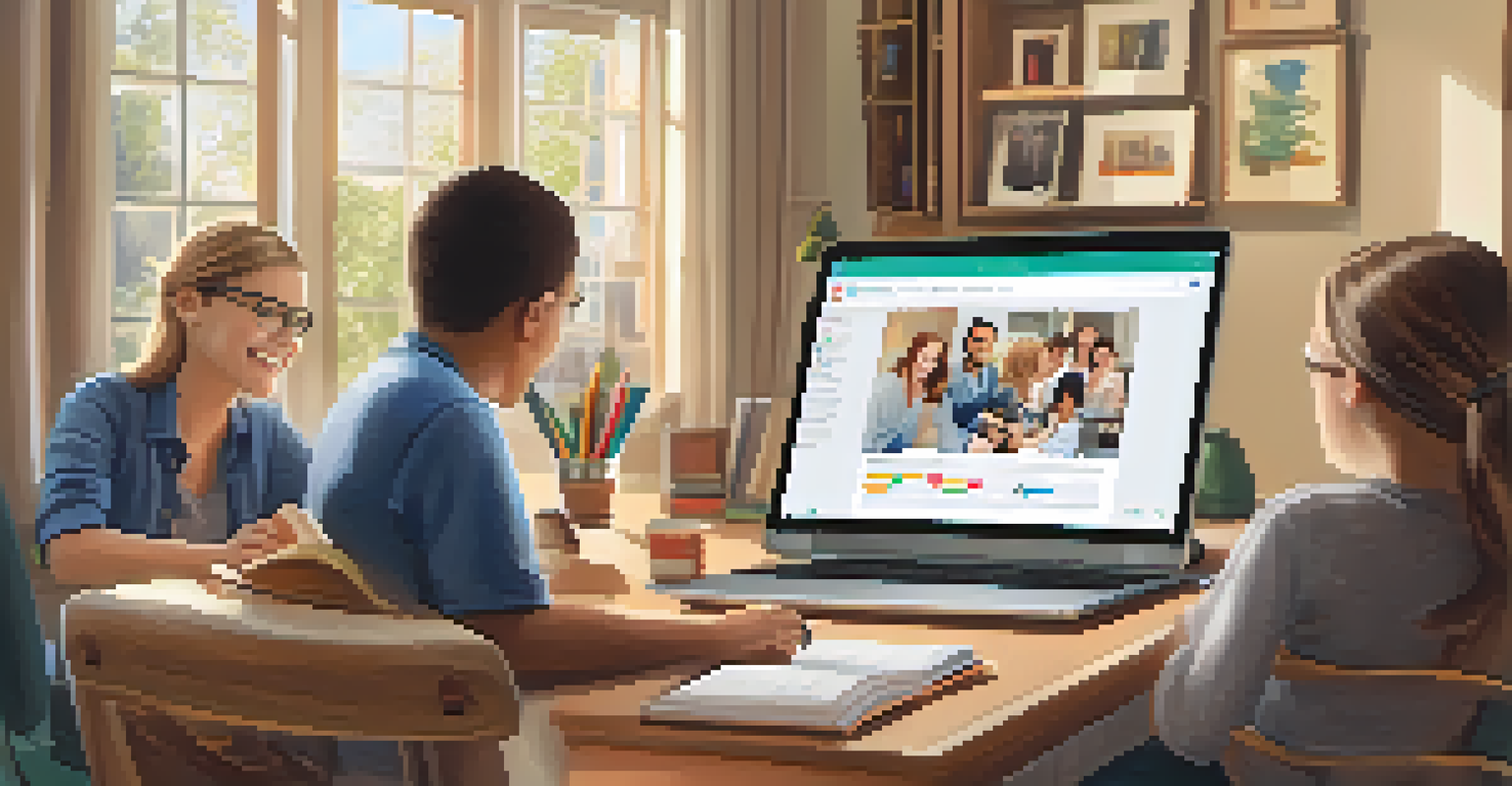 A digital tablet showing a virtual meeting of parents and teachers discussing education strategies, set in a cozy home office.
