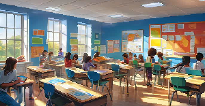 A lively classroom with students collaborating on a gamified learning project using tablets and laptops, with a teacher guiding them.