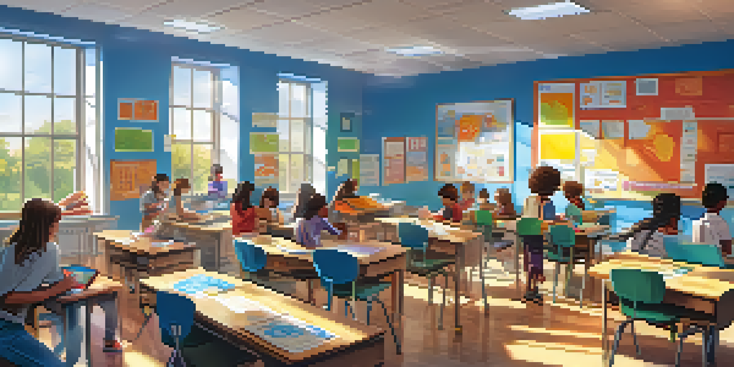 A lively classroom with students collaborating on a gamified learning project using tablets and laptops, with a teacher guiding them.
