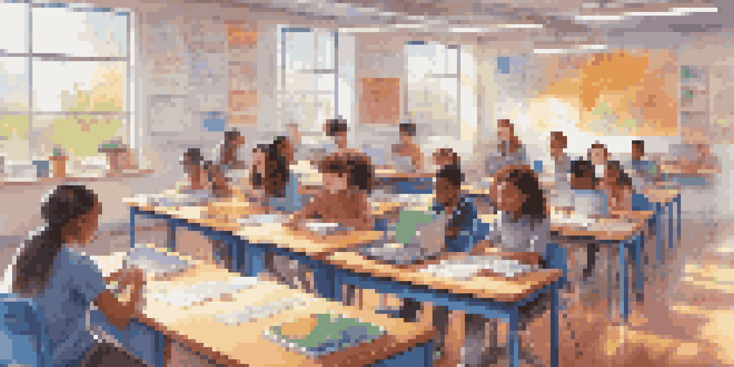 A colorful classroom with diverse students using digital devices, guided by a holographic AI tutor, surrounded by educational materials and sunlight.