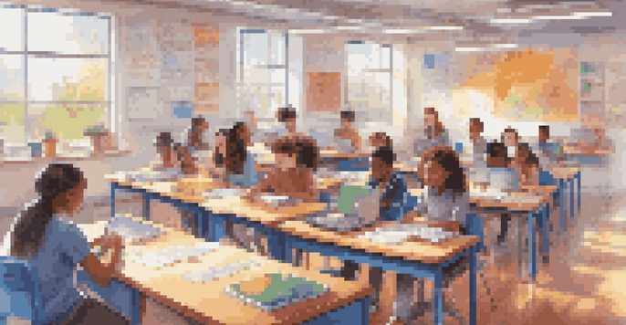 A colorful classroom with diverse students using digital devices, guided by a holographic AI tutor, surrounded by educational materials and sunlight.