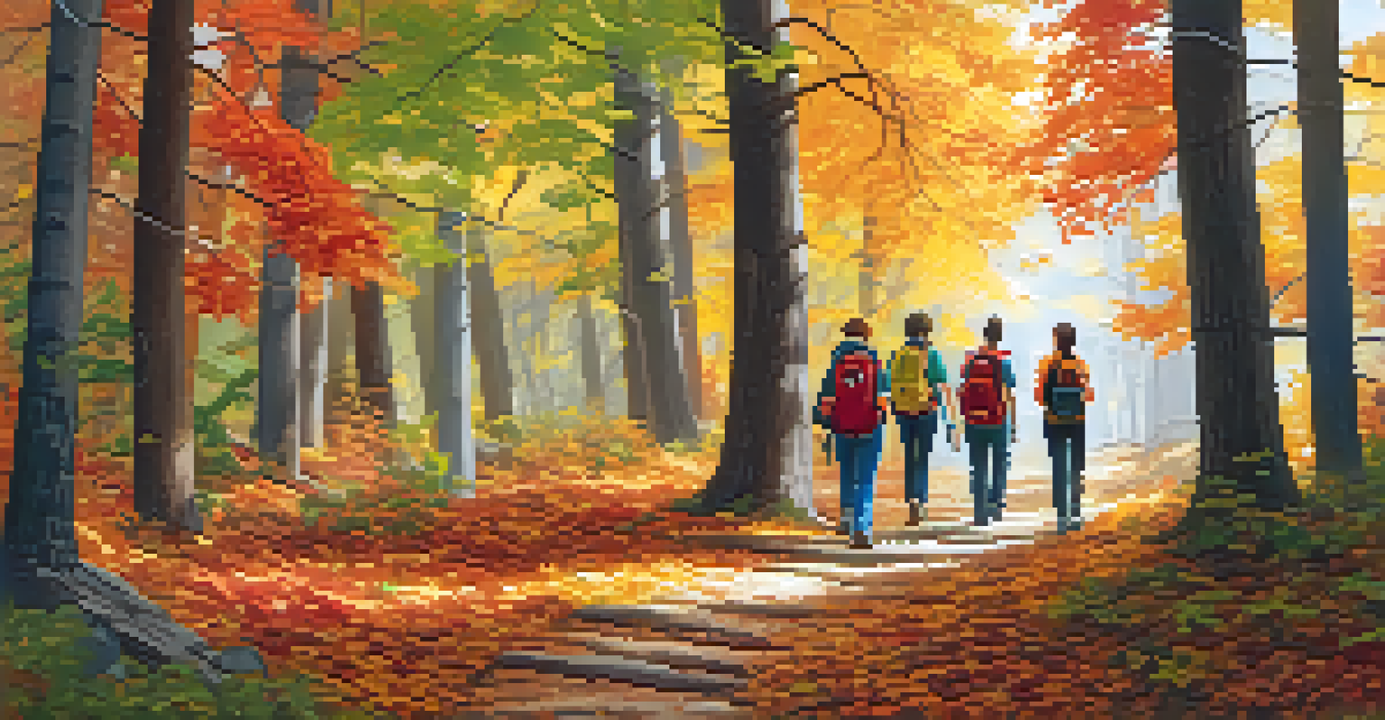 Students hiking through an autumn forest, exploring nature and discussing their surroundings.