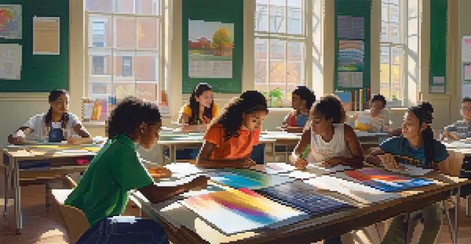 A diverse group of students working together in a brightly lit classroom, collaborating on a project with books and art supplies around them.