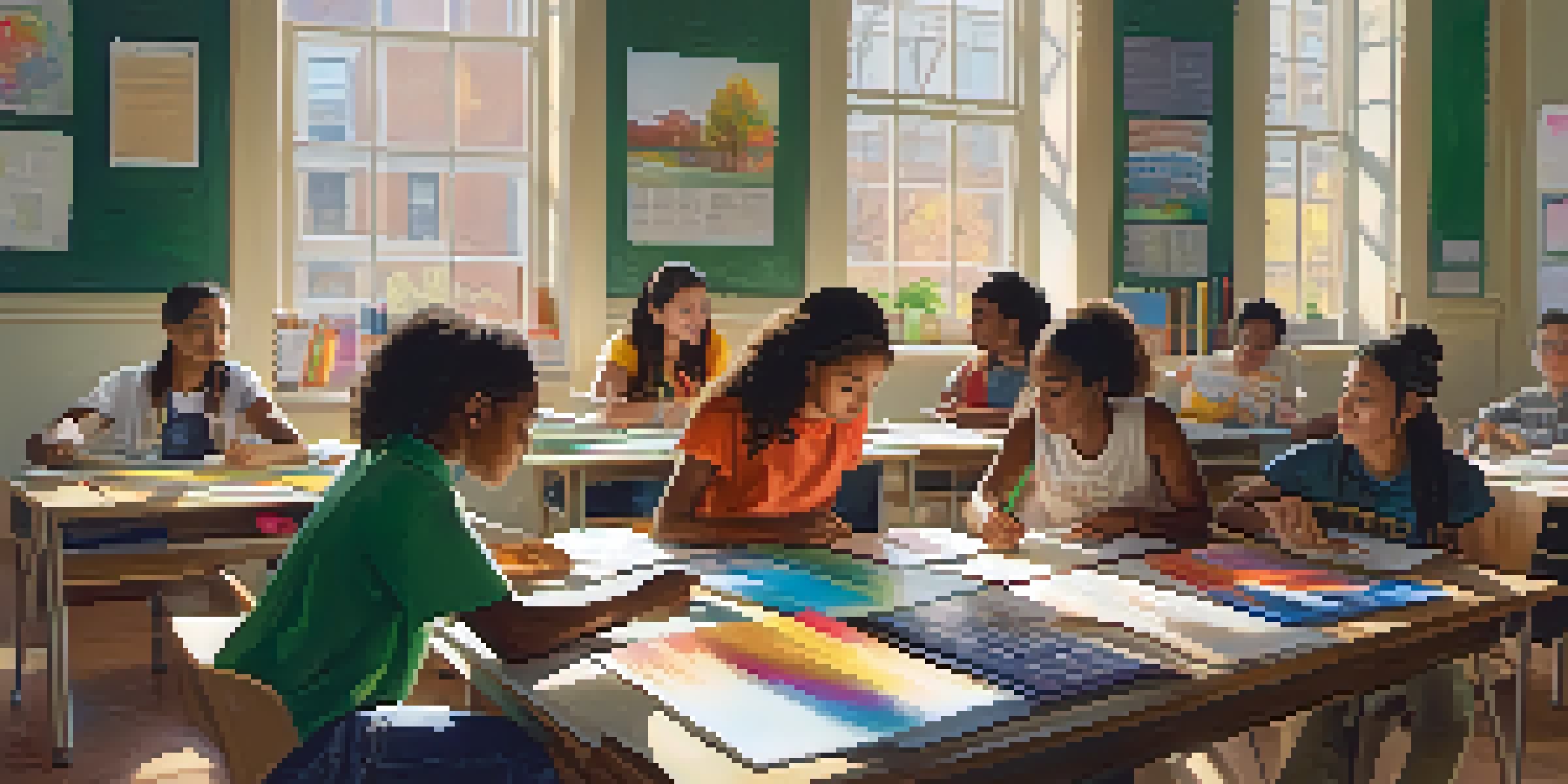 A diverse group of students working together in a brightly lit classroom, collaborating on a project with books and art supplies around them.