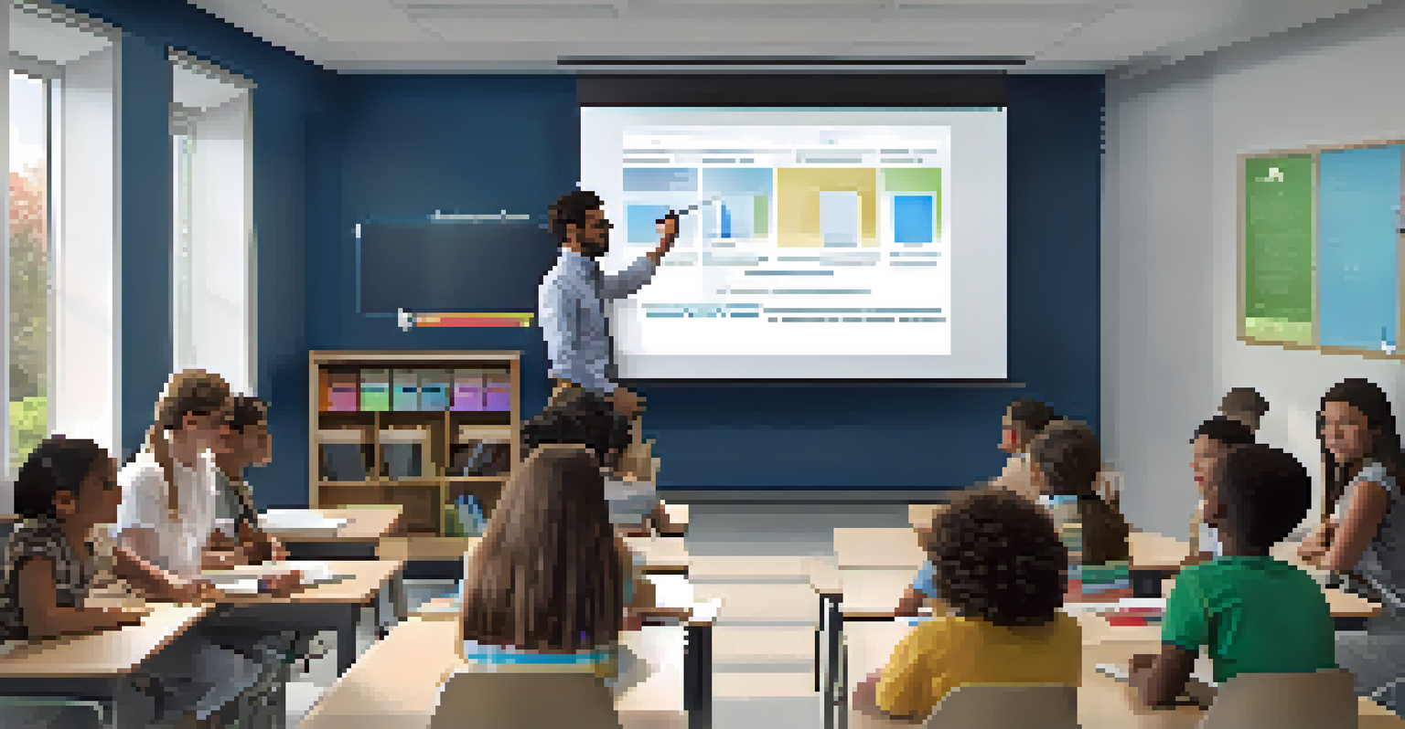 An educator showing digital assessment tools at a smartboard to a group of attentive students in a modern classroom.