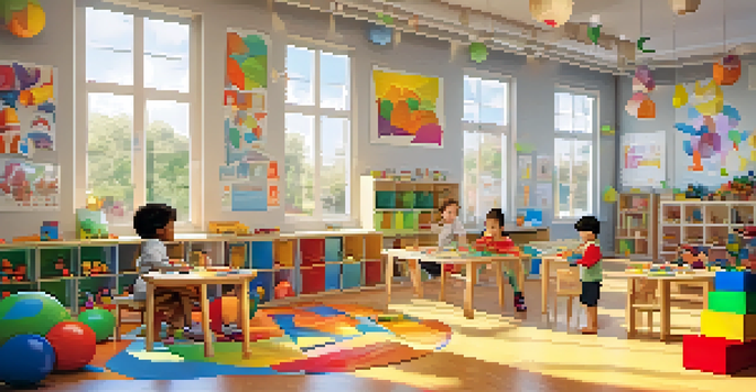 A bright and cheerful classroom where diverse children are playing with blocks, highlighting their engagement and joy in learning.