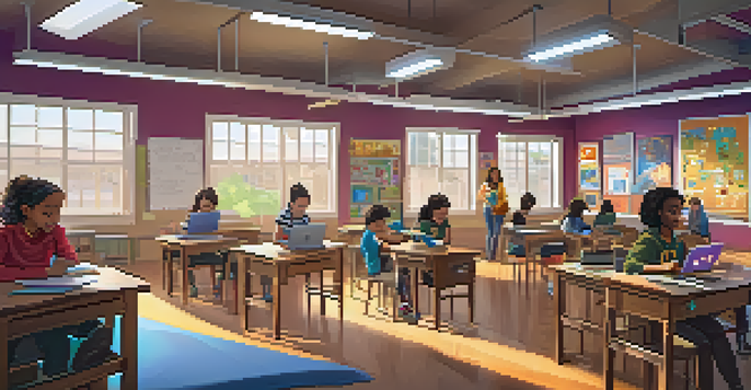 A vibrant classroom where students are engaged in creating digital stories using laptops and collaborating on a podcast.