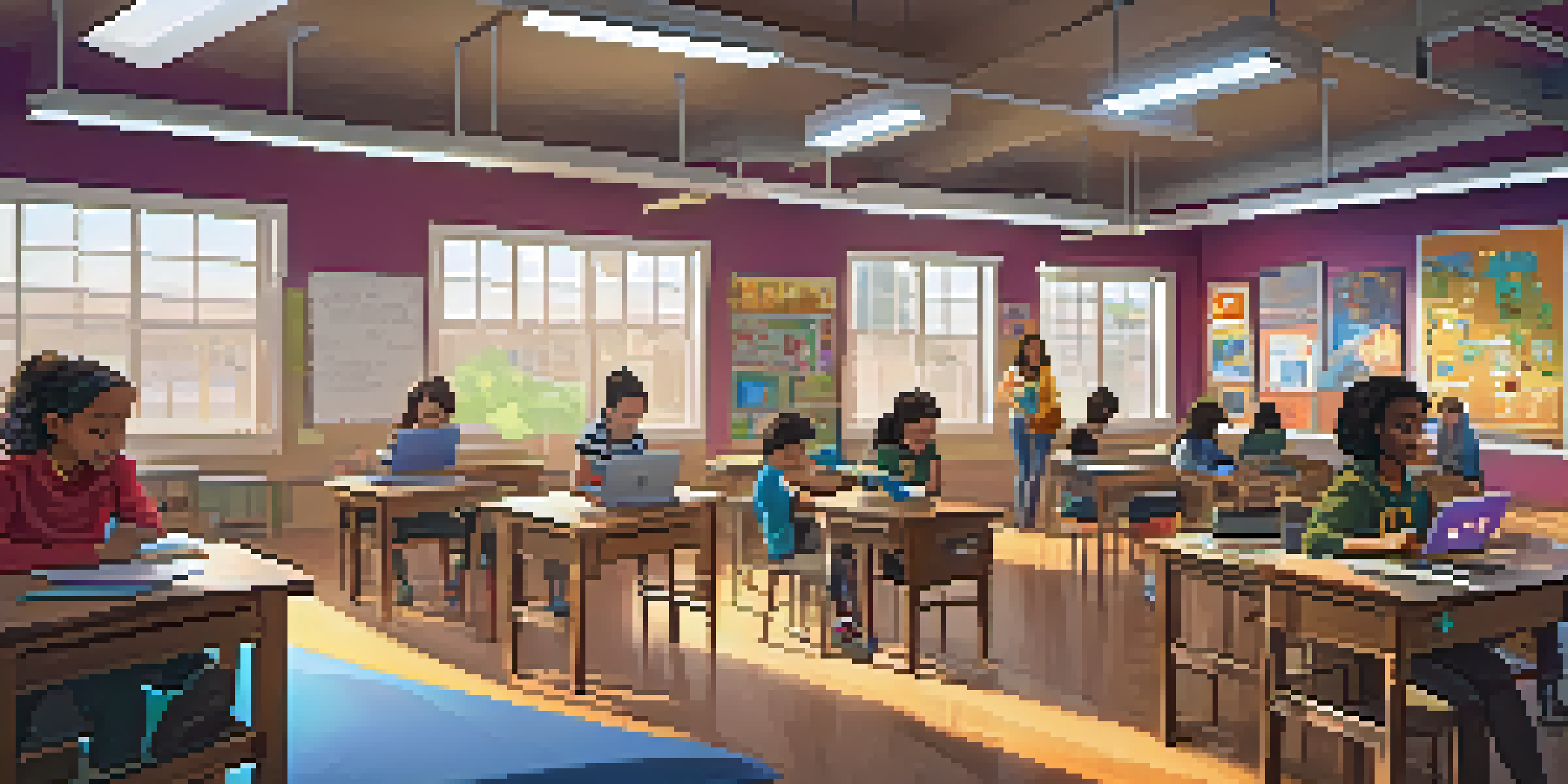 A vibrant classroom where students are engaged in creating digital stories using laptops and collaborating on a podcast.