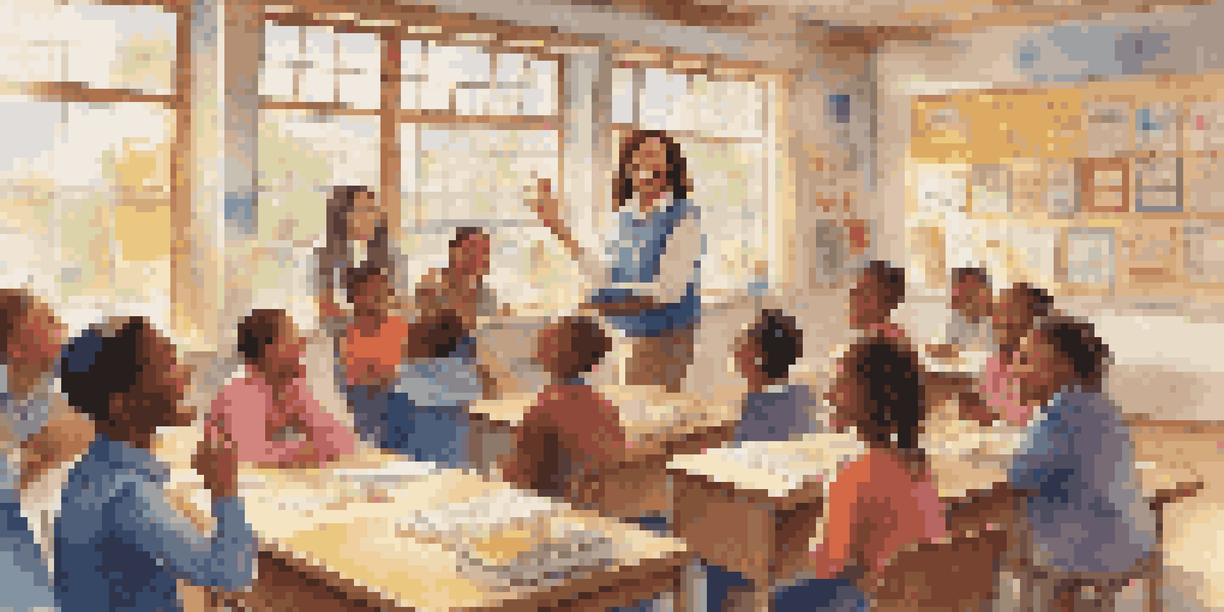 A joyful classroom with a teacher and students laughing together, surrounded by colorful posters and bright sunlight.