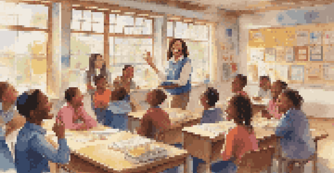 A joyful classroom with a teacher and students laughing together, surrounded by colorful posters and bright sunlight.
