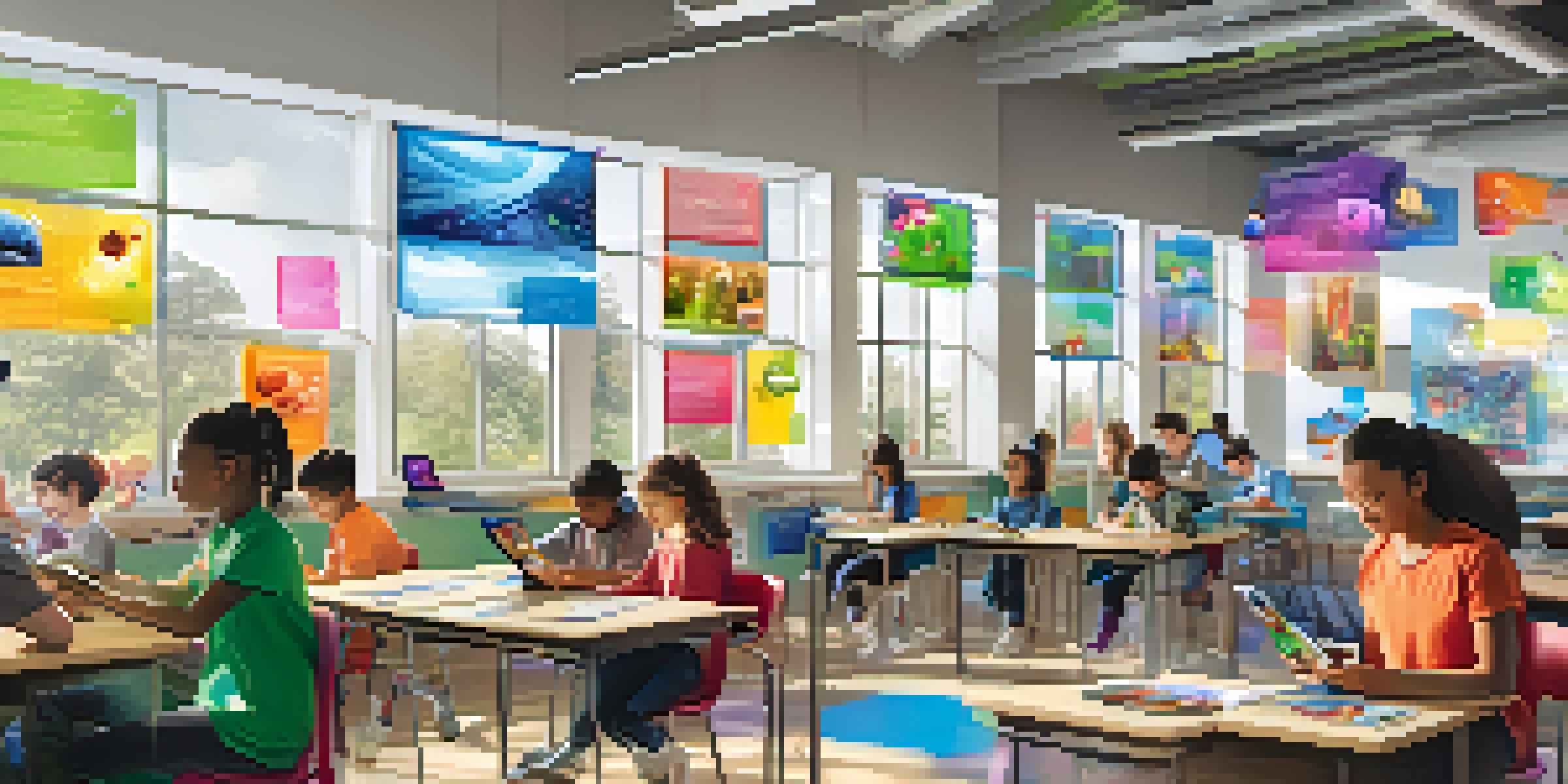 A lively classroom where students use augmented reality devices to explore a 3D model of a cell, surrounded by educational posters and bright natural light.