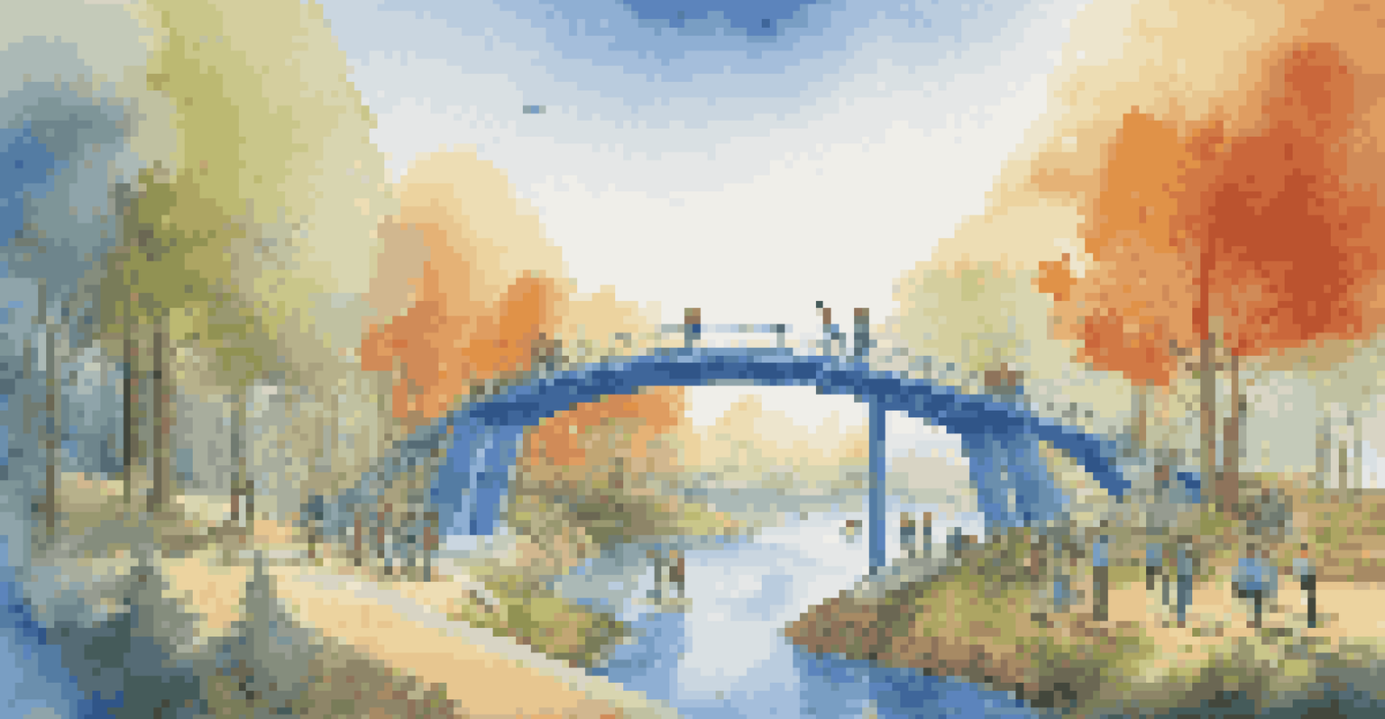 Students collaborating in a virtual reality setting to build a bridge, surrounded by colorful 3D construction materials and a scenic landscape.