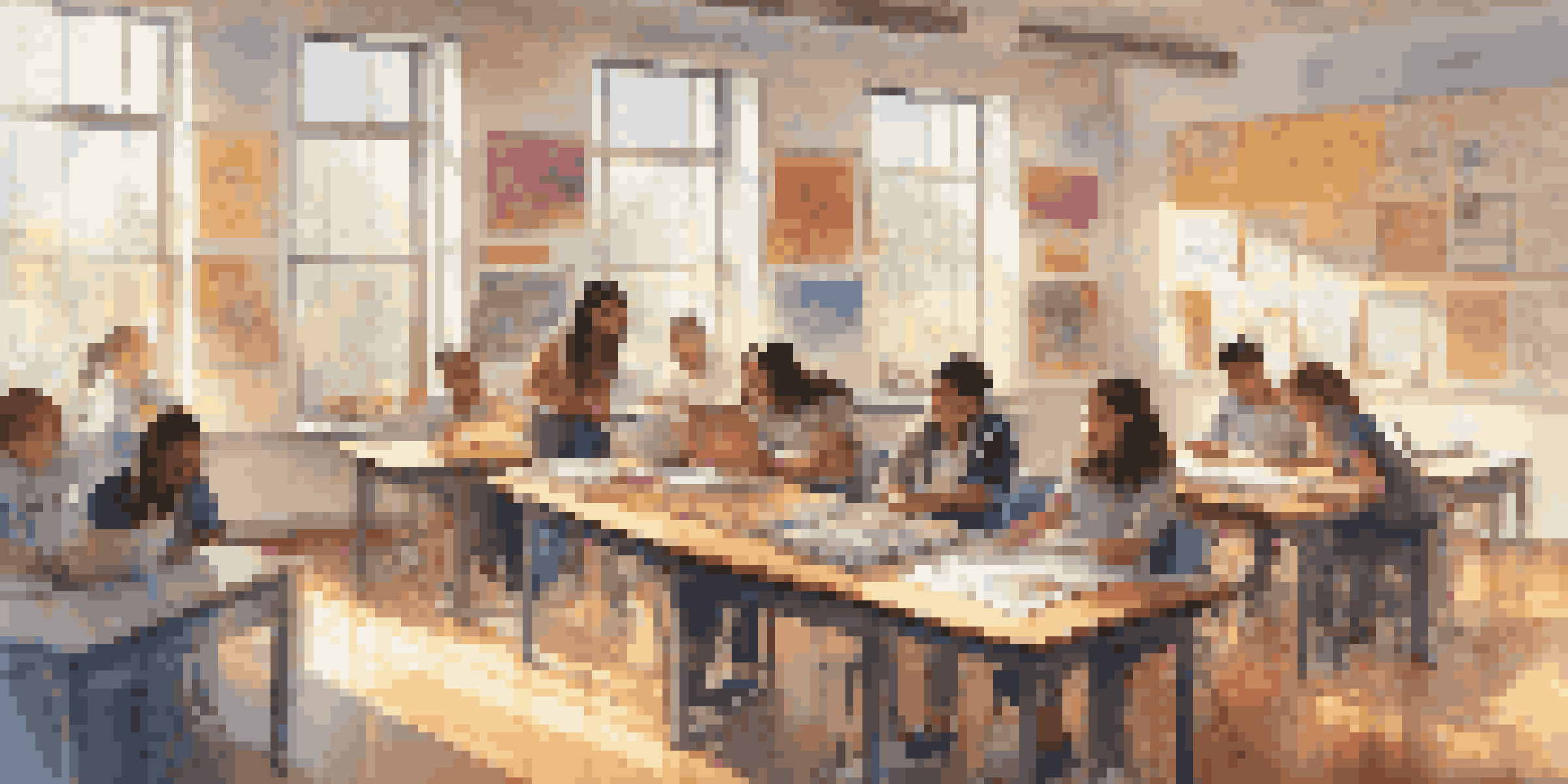A lively classroom with diverse students collaborating on projects, surrounded by colorful educational materials and sunlight pouring in through the windows.