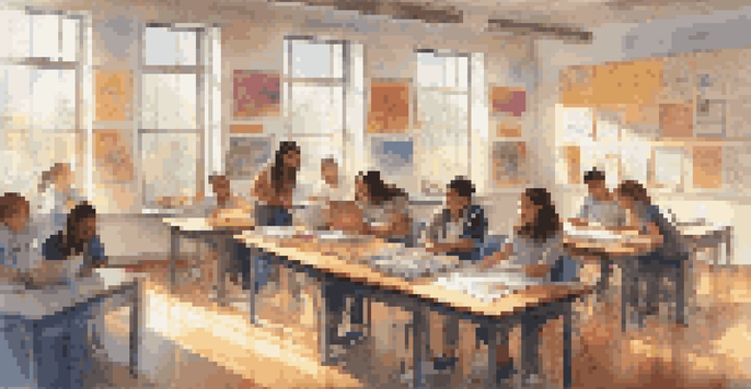 A lively classroom with diverse students collaborating on projects, surrounded by colorful educational materials and sunlight pouring in through the windows.