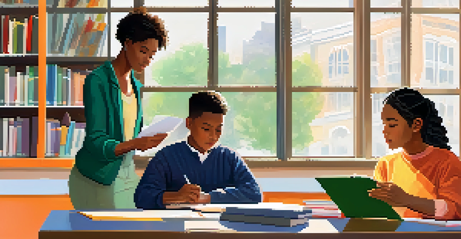 A student and teacher working together on a learning plan at a table filled with educational materials. The classroom is bright and welcoming.