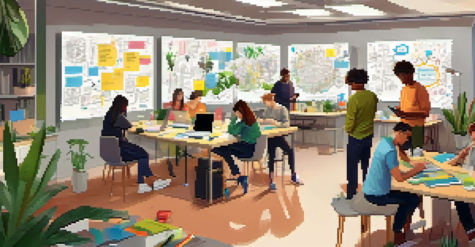 A group of diverse students working together in a creative workspace, using digital devices and surrounded by an inspiring environment.