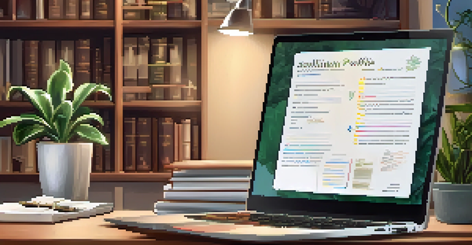 A laptop displaying a digital learning portfolio with certificates and notes, set in a cozy study environment.