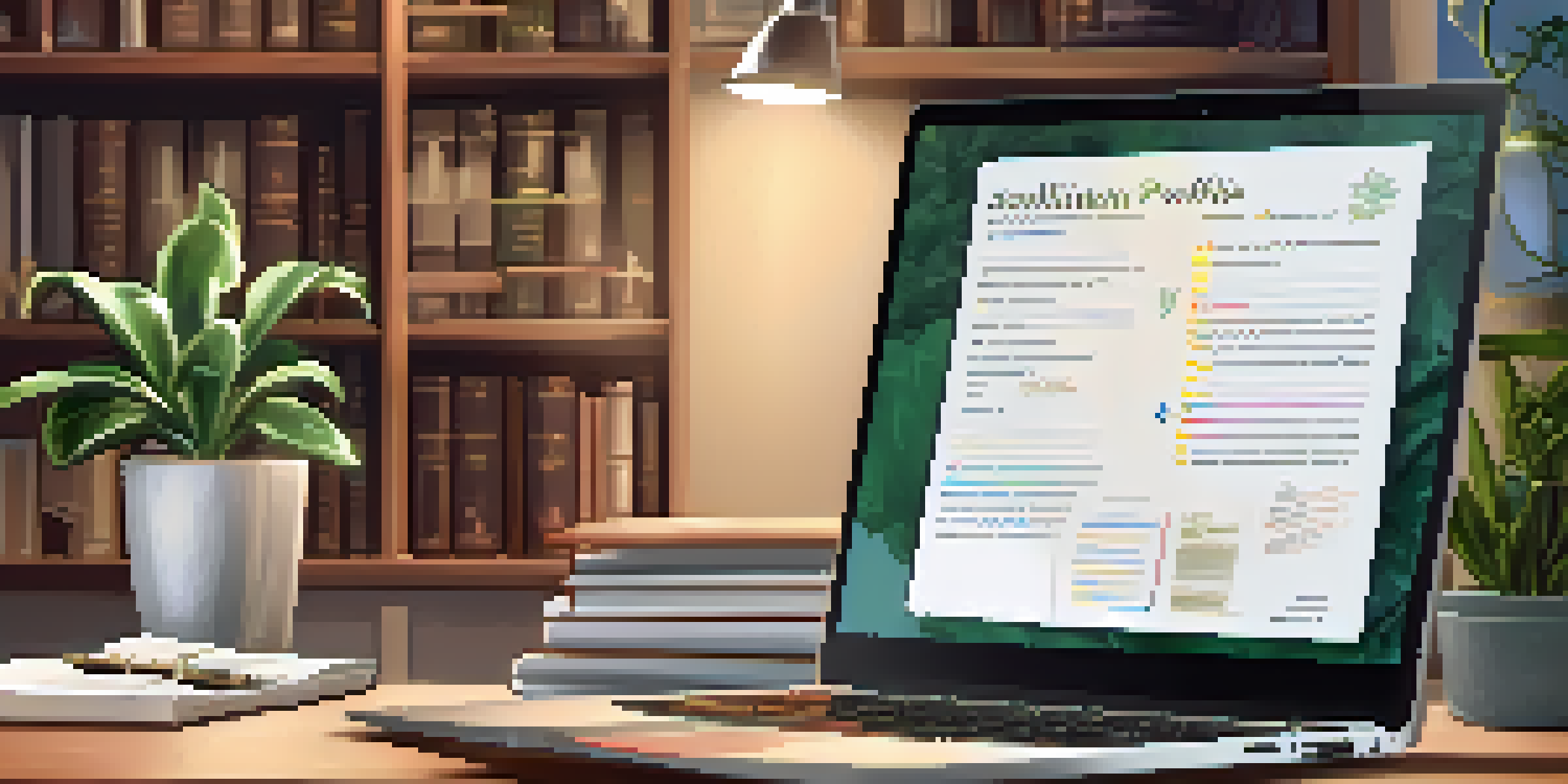 A laptop displaying a digital learning portfolio with certificates and notes, set in a cozy study environment.