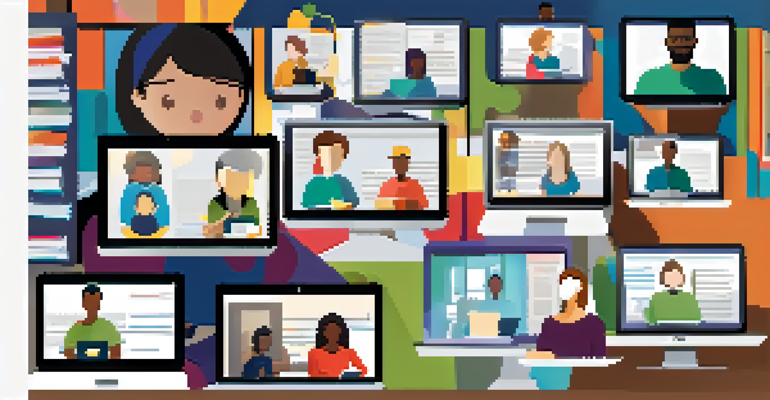 A diverse group of people learning online in different locations like home and park, emphasizing the flexibility of mobile learning.