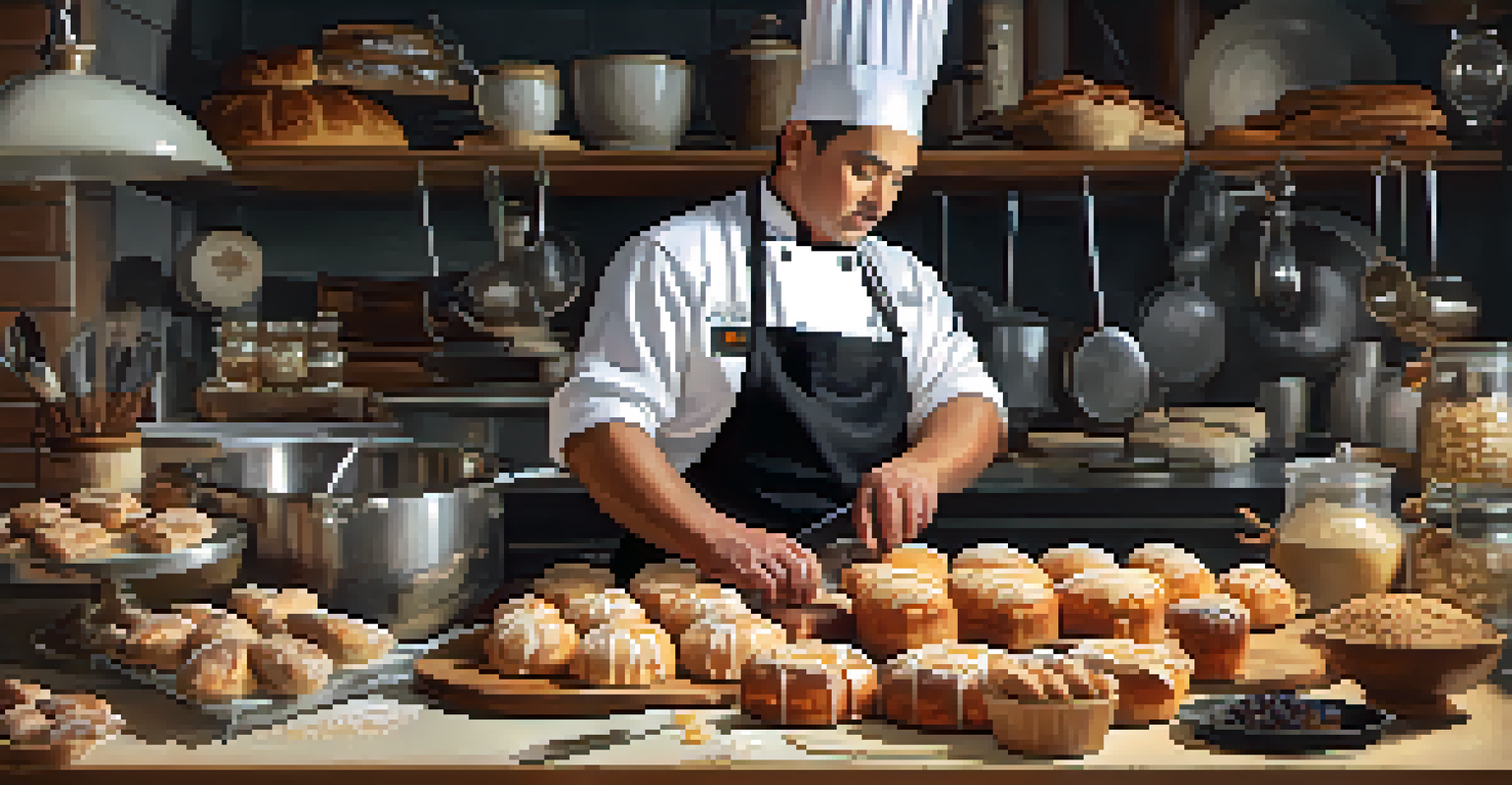 A chef in a professional kitchen skillfully working on pastry arts, with baking tools and beautifully crafted pastries around them.