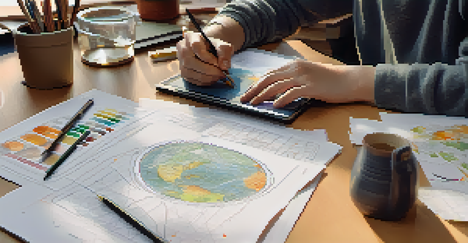 A student's hands working on climate change research, with sketches and graphs scattered on the table.