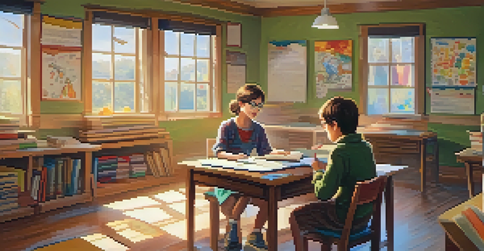 A tutor and a student engaged in a warm and inviting tutoring session in a cozy classroom filled with sunlight.