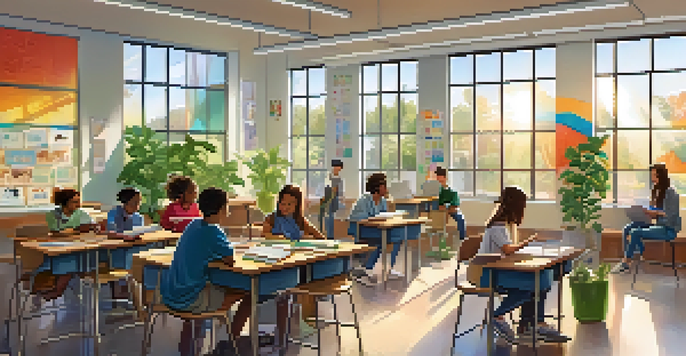 A bright and modern classroom with students using tablets and colorful educational decorations.